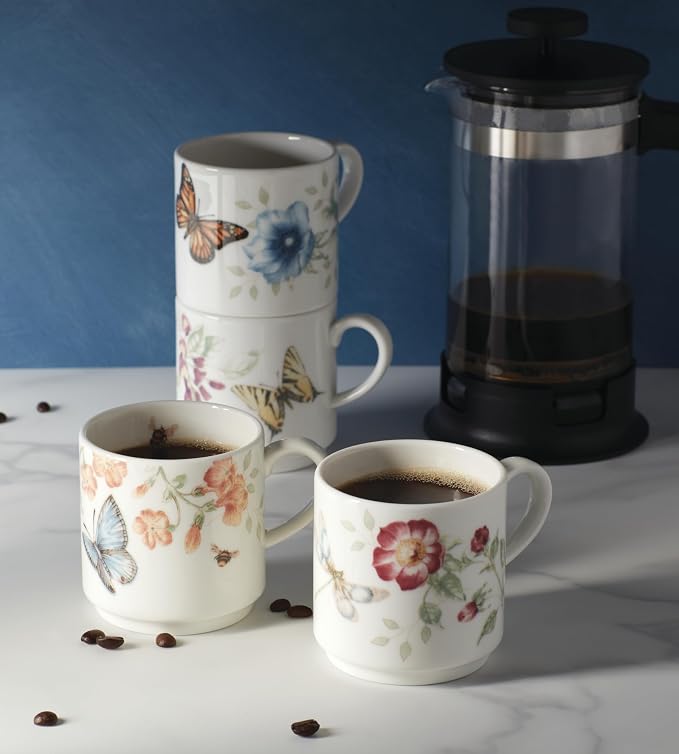Lenox 890451 Butterfly Meadow 4-Piece Stacking Mug Set | dishwasher safe, microwave safe | space-saving stackable design | coffee mug gift for coffee lovers | 10oz
