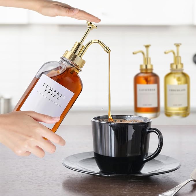 Coffee Syrup Dispenser for Coffee Bar with Gold Upgraded Pump, 4 Pack | Coffee Syrup Pump Dispenser, Glass Syrup Bottle 16.9 oz 500 ml Syrup Dispensers, 28 Labels and Large Bamboo Tray