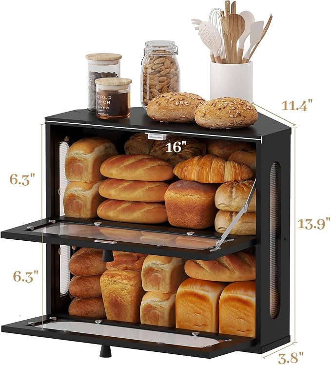 Corner Bread Box for Kitchen Countertop, 2026 New Double Layer Bamboo Bread Storage Bin, Large Bread Container for homemade bread (Black)