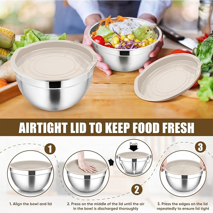 P&P CHEF Metal Mixing Bowls with Lids Set, Airtight Lids & Khaki | 5 PCS Stainless Steel Mixing Nesting Bowls for Kitchen Prepping, Storing, Healthy & Easy Clean, Size 4.6, 3, 1.5, 1, 0.7 QT