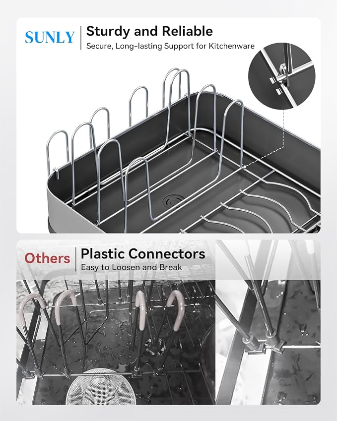 Expandable Dish Drying Rack, Versatile Brackets for Pots & Pans, Space Saving Kitchen Drying Rack, Dish Racks for Kitchen Counter, Stainless Steel Dish Drainers with Extendable Spout, Black