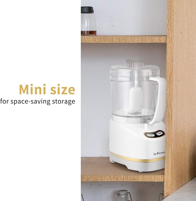 La Reveuse 2 Cup Mini Food Processor, Electric Chopper Small, White | for Mincing, Chopping, Grinding, Blending, Puree, 2 Pulse Speeds, Dishwasher Safe, (1) Spatula Included, 200 Watts, LARB1814W