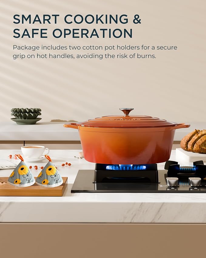 Enameled Cast Iron Dutch Oven - 9.3QT Dutch Oven Pot with Lid & Cotton Potholders - Heavy-Duty Non Stick Casserole Pot for Braising, Stews, Roasting, Baking, Suitable for All Stovetops, Vibrant Orange