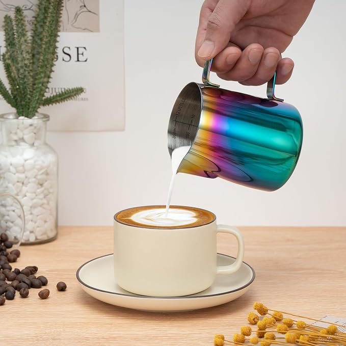 Amrules Milk Frothing Pitcher, 12 oz Milk Frother Cup with Clear Scale, 304 Stainless Steel Cappuccino Espresso Machine Accessories for Barista Coffee Bar with Latte Art Pen, Multicolor