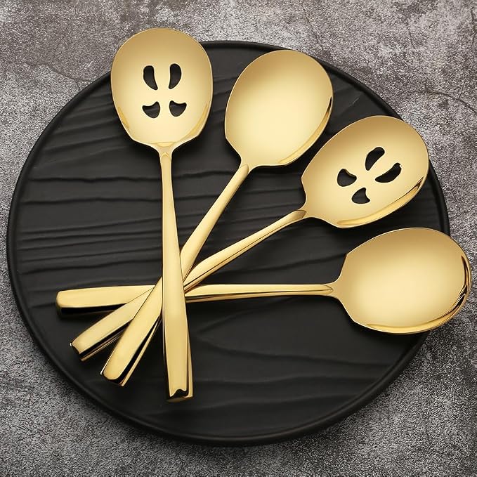 Serving Spoons Set 9.14 Inch Slotted Spoon Serving Spoon Stainless Steel Serving Utensils for Buffet Parties Catering Dishwasher Safe(Set of 12, Gold)