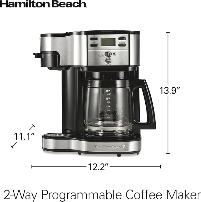 Hamilton Beach 2-Way Brewer Coffee Maker, Single-Serve and 12-Cup Pot, Black/Stainless Steel(49980A), Carafe | 12 Cup Glass Carafe | Black with Stainless Steel Accents | 49980RG