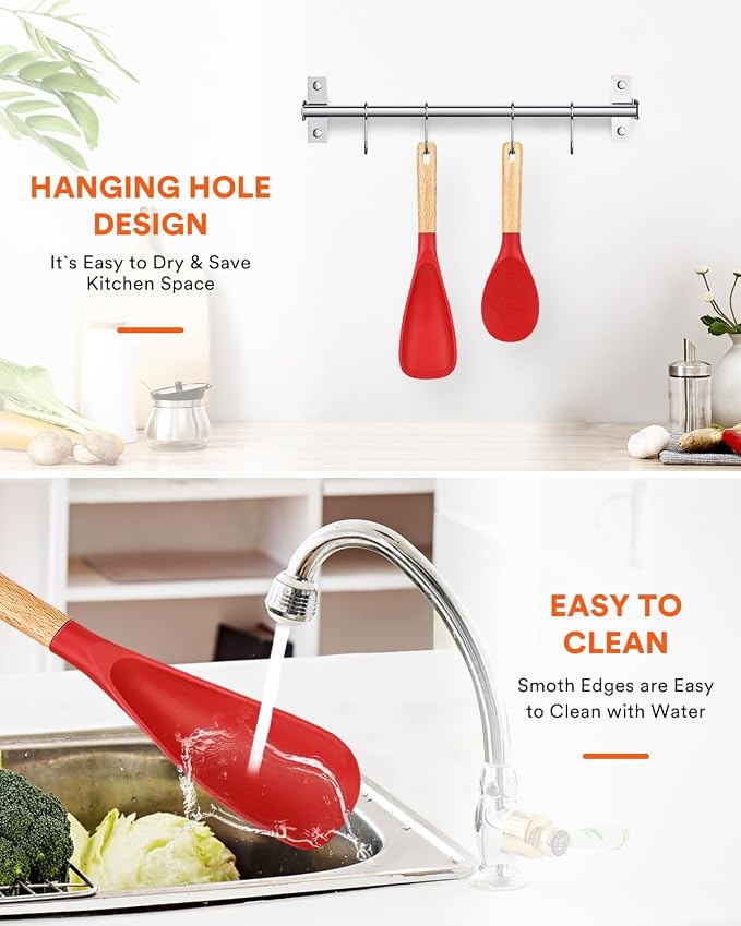 Cooking Spoon and Rice Scooper for Nonstick Cookware,Multi-function | Great for Cooking and Serving, Sturdy BPA-Free Matte Silicone, Wood Handle Spoon for Mixing, Scoop, and Scrape,9.3"+14.3"