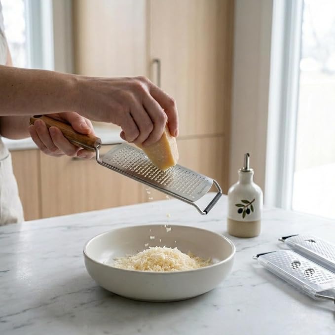 3-Piece Stainless Steel Cheese Grater & Zester Set w/Acacia Wood Handles – For Parmesan, Lemon Zest, Ginger, and Spices