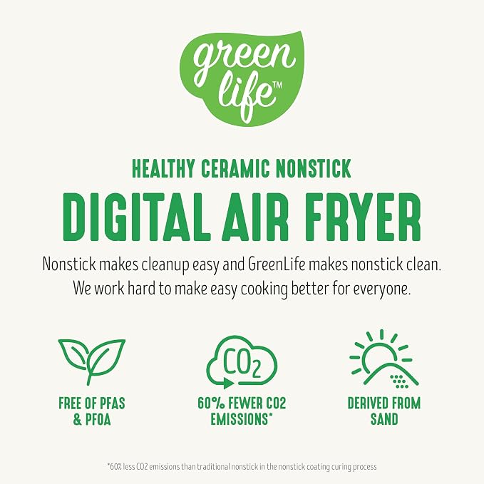 GreenLife Compact Electric Air Fryer Oven, 5.3 QT, PFAS-Free Ceramic Nonstick Drawer, 8 One Touch Digital Display, Easy View Window, Auto Shut-Off Timer, Dishwasher Safe Parts, 1500 Watts, Taupe