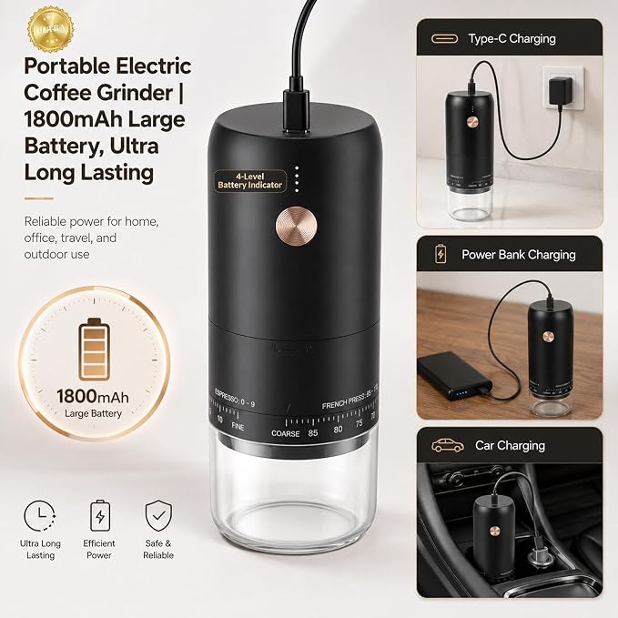 Portable Ultra High Speed Electric Burr Coffee Bean Grinder | SUS420 conical burr, 90 grind settings, 0.6mm precision, 50% faster grinding, Type-C fast charge, 1800mAh long battery life