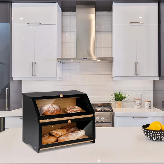 HOMEKOKO Double Layer Wooden Bread Box, Keep Bread Fresh Longer, Black | Keeps Bread Fresh 3-4 Days, Large Capacity Fits 2+ Loaves, Suitable For Home Kitchen Food Storage Use, See-Through Window