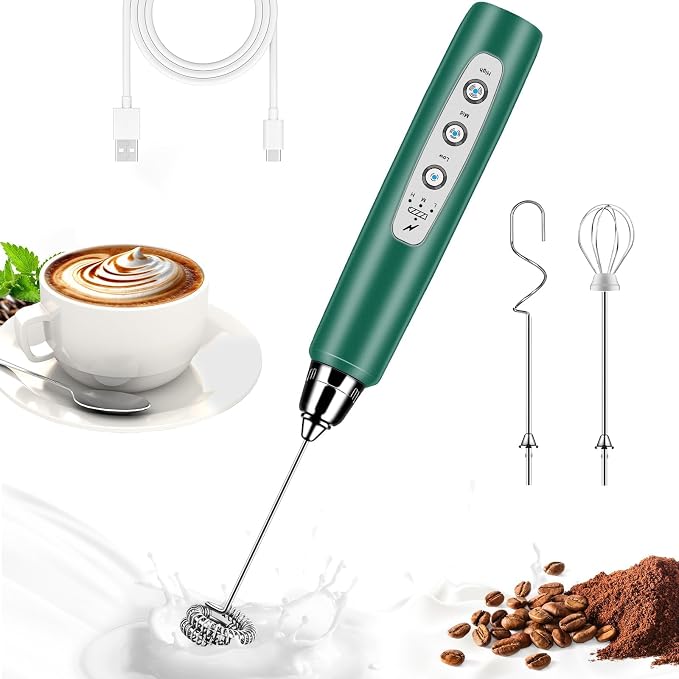 Milk Frother Wand Rechargeable Handheld Whisk Coffee 3 Speed Adjustable | Electric Whisk Drink Mixer with Stainless 3 Whisks Hand Frother , Foam Maker for Latte Cappuccino Matcha Egg Silver