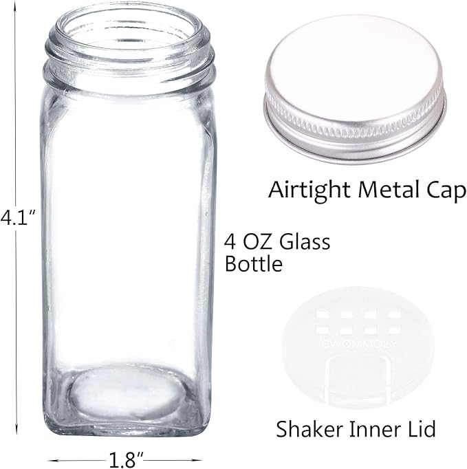 SWOMMOLY 48 Pcs 4 oz Glass Spice Jars with Shaker Lids and 806 White Labels | Empty Square Spice Containers with Airtight Lids, Chalk Marker, Funnel - Seasoning Bottles for Spice Racks, Cabinets, Drawers