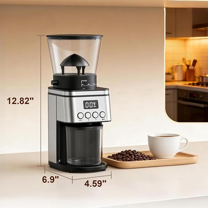Conical Burr Coffee Grinder Electric,Stainless Steel Coffee Grinder for Home, Adjustable Burr Grinder with 30 Grind Settings, Digital Timer & 2-12 Cup Control, Removable Sealed Hopper, silver