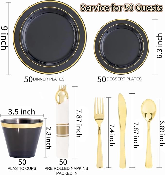 350 Pieces Black and Gold Plastic Plates with Disposable Silverware, Include 50 Dinner Plates 9”, 50 Dessert Plates 6.3”, 50 Black Cups 9 OZ, 50 Pre Rolled Napkins for Wedding/Party/Birthday/Halloween