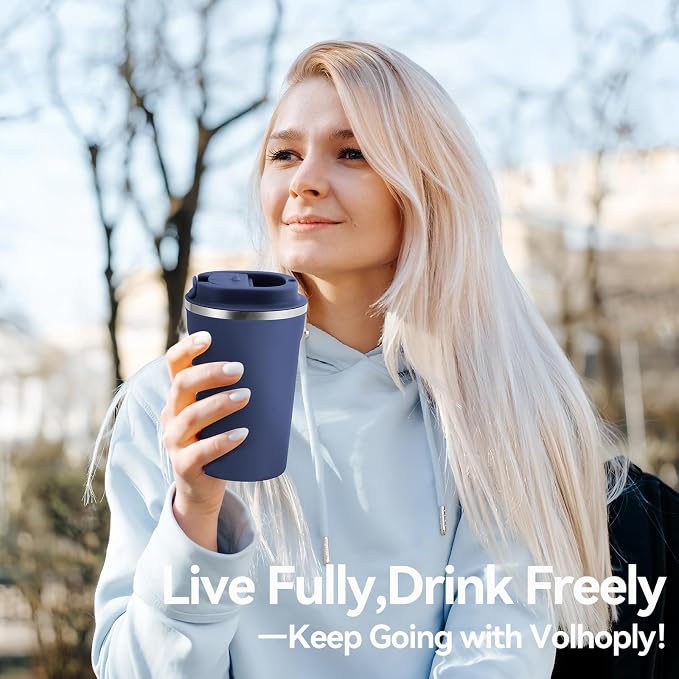 Volhoply 12 oz Double Wall Insulated Vacuum Travel Coffee Mug with Flip Lid Bulk 4 Pack,Reusable Stainless Steel Leak Proof Coffee Cups,Portable Cafe Thermal Tumbler for Hot & Cold Drinks(Navy,4 Set)