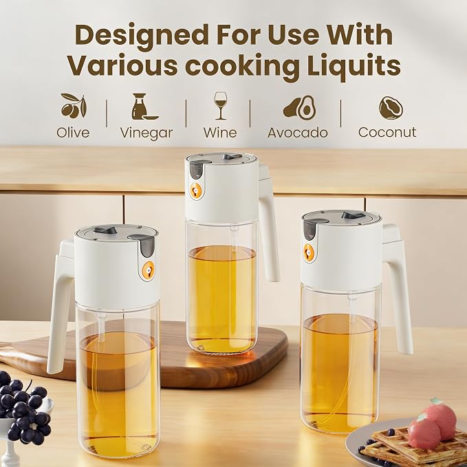 20.3oz/600ml Leak-Proof Glass Olive Oil Sprayer for Cooking, Fine Mist | 2 in 1 Oil Dispenser and Sprayer, Switch Between Fine Mist & Precision Pour for Air Fryer, BBQ, Salad, Baking - Off & White