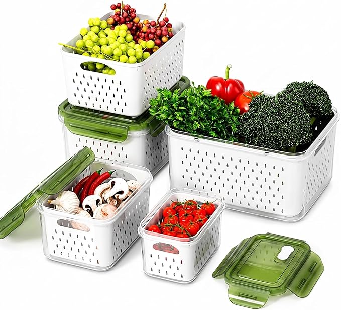 Fruit Storage Containers for Fridge with Removable Colander, Food Storage Containers with Lids, Dishwasher & Microwave Safe, Keep Berry Fruit Vegetable Meat Fresh Longer (Clear Body/Green Lid)
