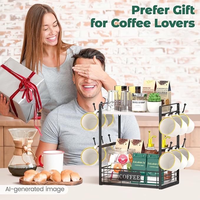 EsLuker.ly Coffee Mug Cup Holder Tree Bar Station Organizer, 2 Tier White | Mug Stand Rack for Countertop Kitchen, Storage Tower Display Shelf with 12 Hooks, Coffee Nook Enhancer