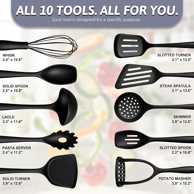 Thickened Silicone Cooking Utensils Set, 10Pcs Nonstick Kitchen Utensil Set with Solid Handle, Heat Resistant Silicone Spatula Set for Cooking, BPA Free Utensils Set with Potato Masher(Black)