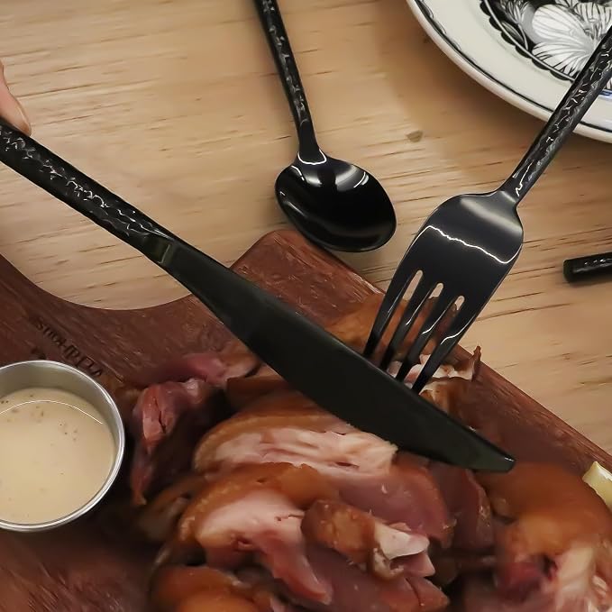 Black Silverware Set Round Hammered Handle 20 Pieces Service for 4 | 18/10 Stainless Steel Flatware Set, Hand Forged Heavy Cutlery, Mirror Finished, Wedding Housewarming Gift, Dishwasher Safe