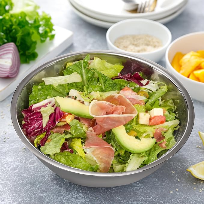 3 Pack Stainless Steel Mixing Bowls, 6 Quart Flat Base Stainless Steel Serving Bowls, 12.6 Inch Mirror Polish Large Metal Bowl Set for Kitchen Cooking, Baking, Prepping