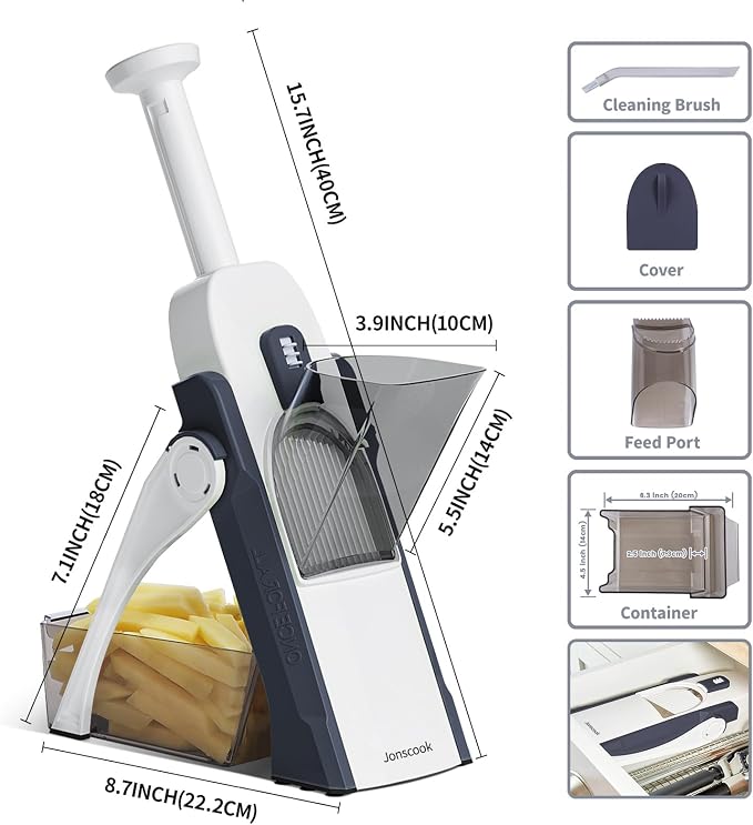 Safe Mandoline Slicer for Kitchen, 5 in 1 Multi Food Chopper, Potato Slicer | Adjustable Thickness 0.1-8 mm, Vegetable Chopper Cutter, Food Chopper French Fry Cutte, Paring Knife/Cleaning Brush, Mandolin