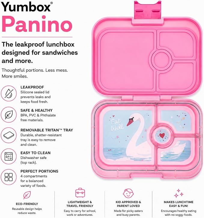 Yumbox Panino Leakproof Bento Lunch Box Power Pink (Swan Tray) | Sandwich Size, Kid-Friendly, Easy Open Latch, Removable Tray, Lightweight