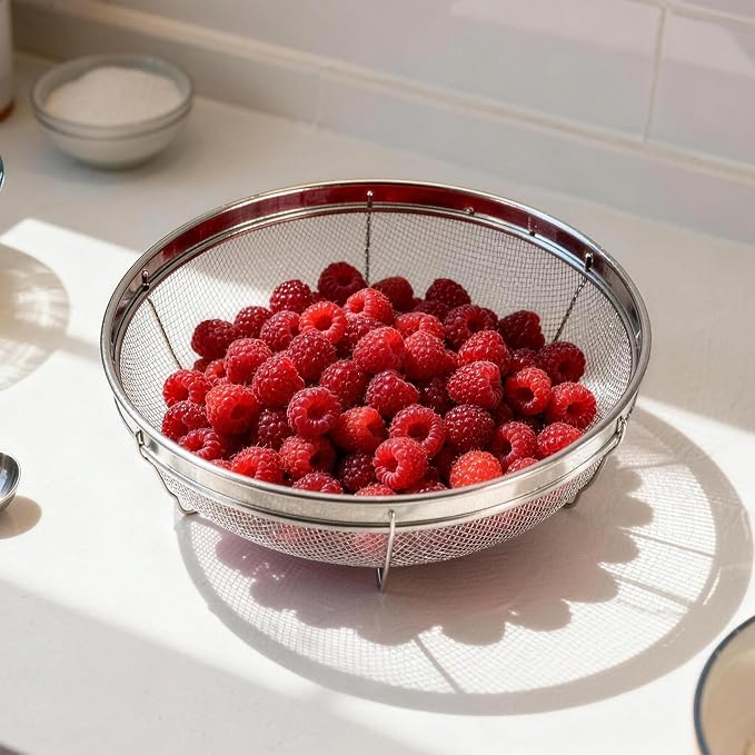 Fine Mesh Strainer for Kitchen, Stainless Steel Colander Bowl for Pasta, Rice, Fruit, Metal Net Baskets with Resting Base - Strain, Drain, Rinse (Diameter 9.84 inch)