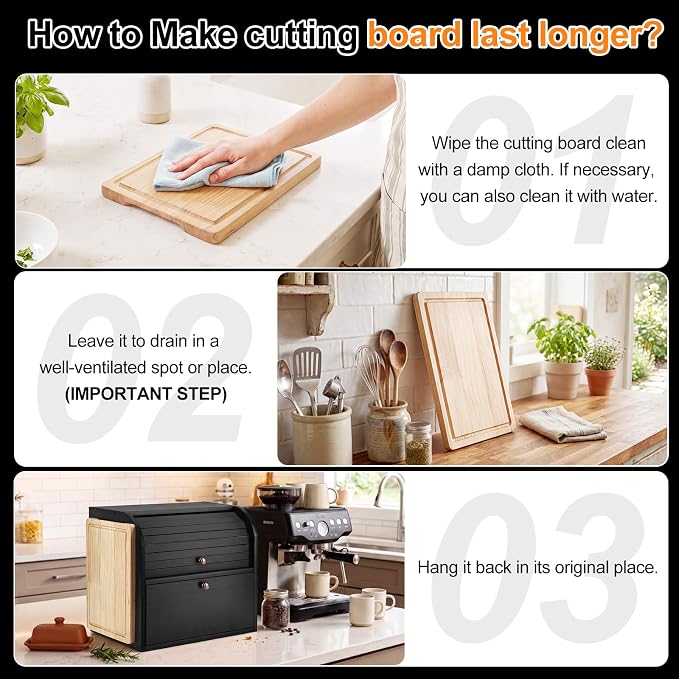 Alpeir Roll Top Bread Box with Cutting Board for Kitchen Countertop, Black | Large Breadbox with Ventilation Holes, Double Layer Pantry Shelf, Wooden Homemade Bread Storage Container, Vintage Farmhouse