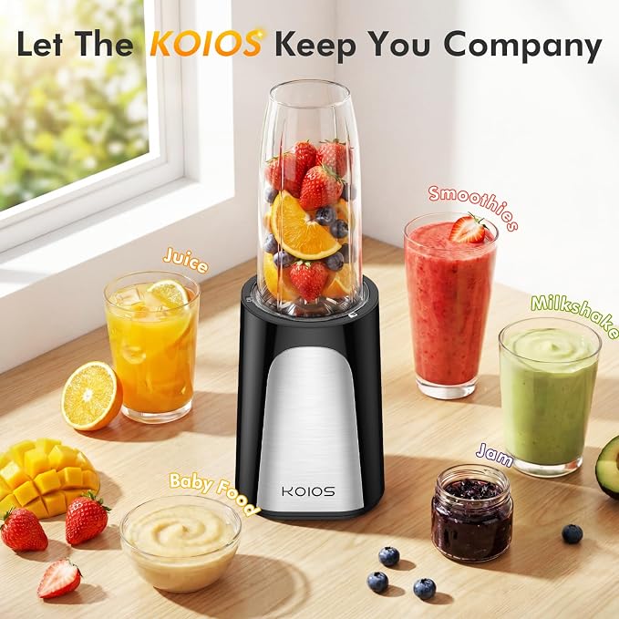 KOIOS 1000W Smoothie Blender, 15-in-1 Single Serve Set, Press-Twist Design | Personal Blender & Kitchen Countertop Smoothie Maker with 2x24oz+17oz Cup, Detachable 4-Blade, Frozen Drinks, Protein Shakes