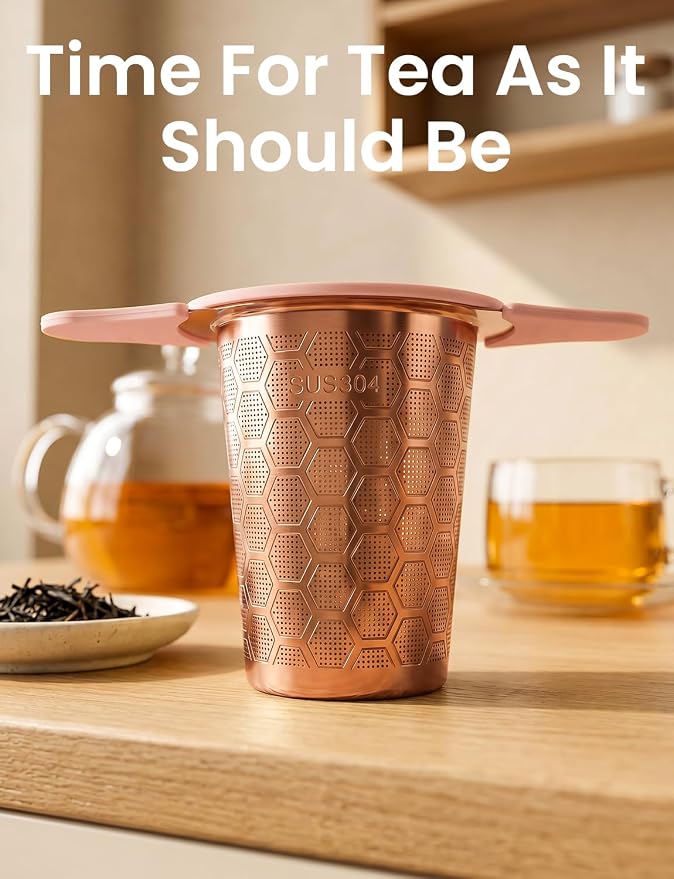 Tea Infuser for Loose Leaf Tea,Stainless Steel Tea Strainer with Silicone Handles,Extra Fine Mesh Tea Strainers for Loose Tea Filter Fine Tea Leaves Effectively,Fits TeaPots/Mugs (Rose gold)