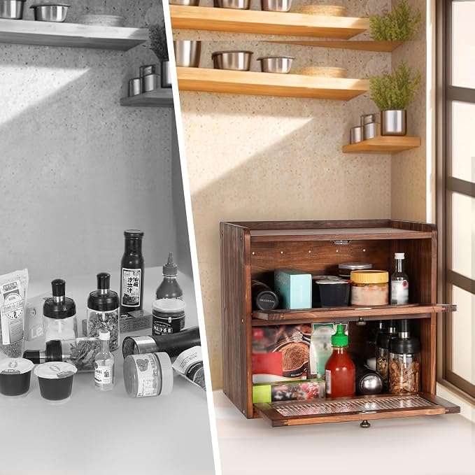 Sunhoo Bread Box for Kitchen Countertop Wooden Bread Storage Container Bin 2 Layer Breadbox Holder Large Capacity Keeper Vintage Farmhouse Food Organizer Pantry Shelf Acrylic Window(Black)