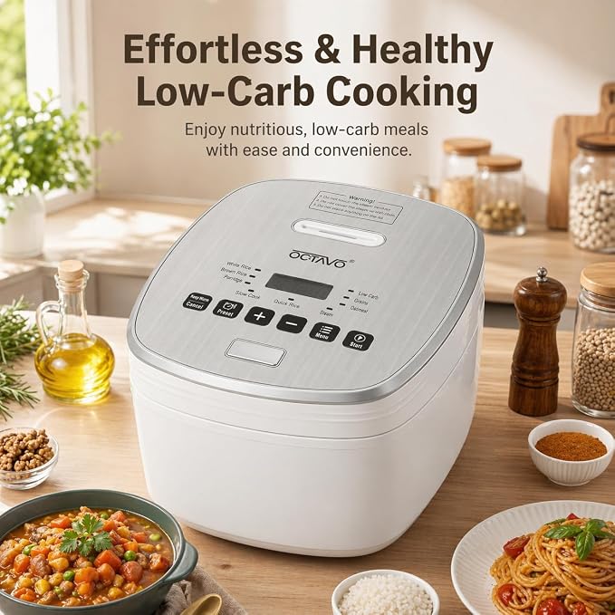 OCTAVO Low Carb Rice Cooker, 5-Cup Uncooked Stainless Steel Inner Pot, Low Sugar Rice Maker with 24H Timer and Auto Keep Warm, Small Rice Maker LED Display, White Rice/Brown Rice/Grains/Oatmeal
