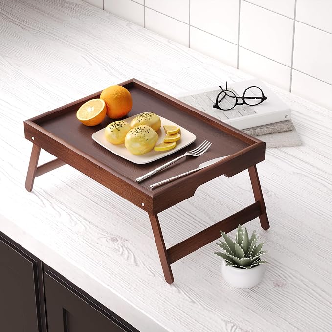 Fibogollo 4 Pack Bamboo Bed Tray Table with Folding Legs,Breakfast Trays,Serving Tray for Food and Snack,Laptop Trays for Working(Brown)
