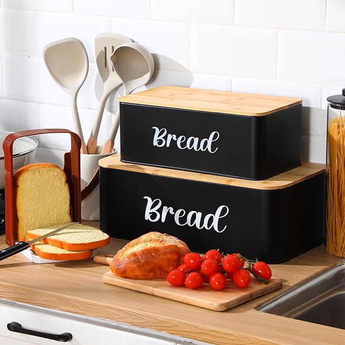 Teenyyou 2 Pcs Extra Large Bread Box with Slicer, Metal Bread Storage Container with Bamboo Cutting Board Lids, 2 Sizes Farmhouse Breadbox Set for Kitchen Countertop(Black)