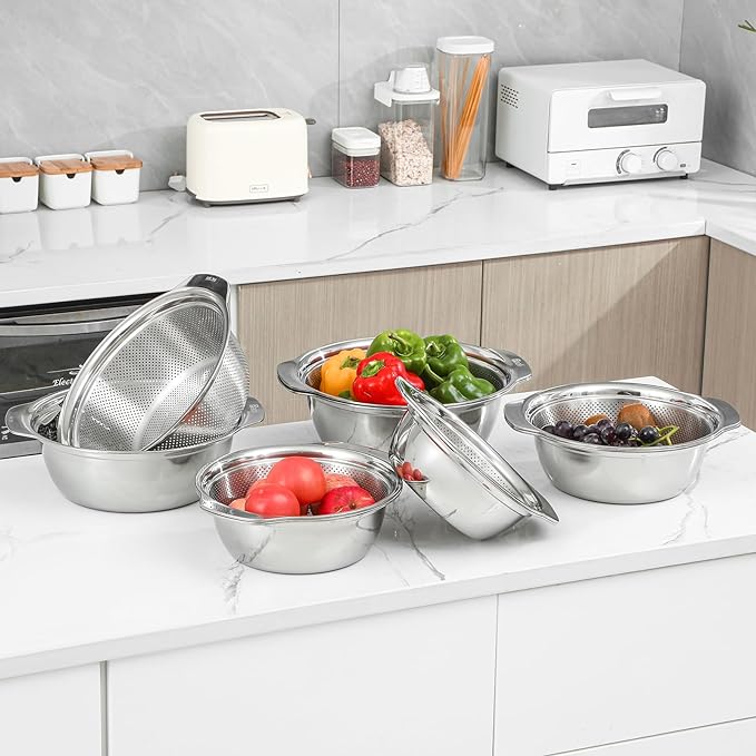 Paoli 304 Stainless Steel Fine Mesh Colander Set, 2QT Large Capacity Strainer with Mixing Bowl — Rinse Fruits, Veggies, Rice & Drain Pasta, Dishwasher Safe (2-Piece)