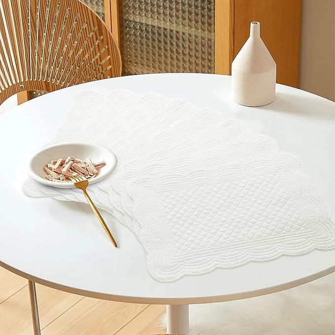 HOMBYS Quilted Placemats Set of 6 Washable-13x18 inches Rectangular Placemats for Kitchen Table-100% Cotton Fabric Rectangular Table Mats, (Cream White)