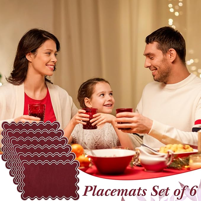 HunnmingRe Burgundy with White Set of 6 Cotton Linen Wedding Placemats, 13x19 Inch Scalloped Wavy Embroidery Placemat Double Layered Washable Rustic Rectangle Dinner Table Mat for Home Decor