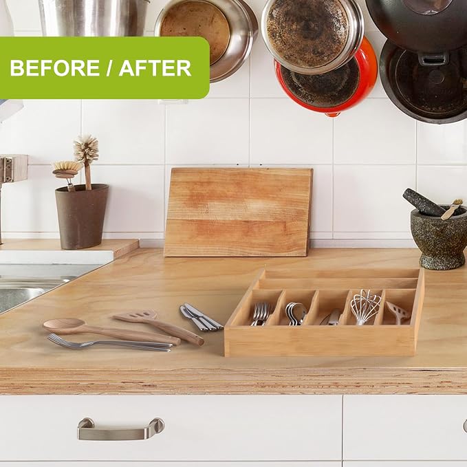 Unibambou Bamboo Silverware Drawer Tray, Kitchen Flatware Cutlery Organizer | 7 slots kitchen storage tray, Natural Bamboo Material, Perfect organizer for flatware cutlery utensils, 12"W x 16.5"D x 2"H