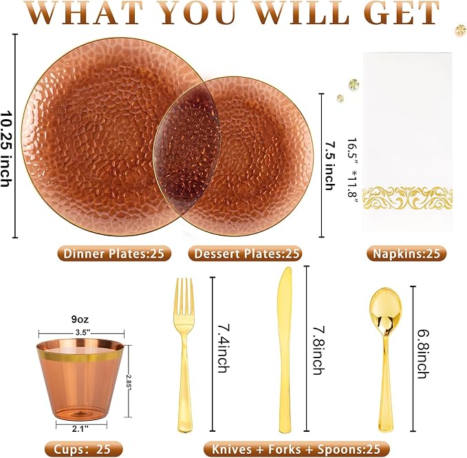 DaYammi 175PCS Clear Amber Plastic Dinnerware Set, Plastic Plates Disposable Hammered Disposable Plates for Party, Include: 25 Dinner Plates 25 Dessert Plates 75 Gold Silverware 25 Napkins 25 Cups