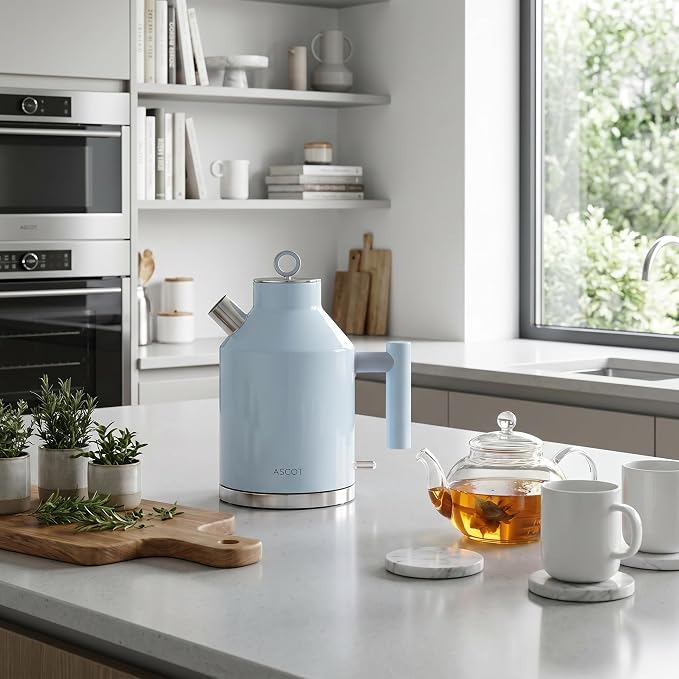 ASCOT Electric Kettle, 1.5L Stainless Steel Interior, Plastic-Free, 1500W Fast Boil, Retro Design, Auto Shut-Off & Boil-Dry Protection, Light Blue