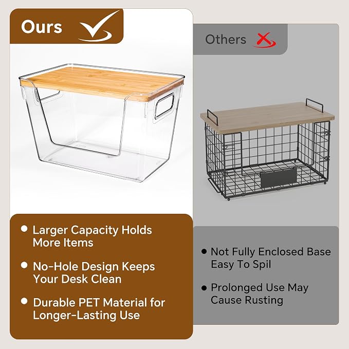 2 Set Pantry Organizers and Storage with Bamboo Lids, Stackable Clear Bins for Onion, Potato, Fruit, Vegetables, Trash Bag Dispenser, Kitchen and Under Sink Organizer