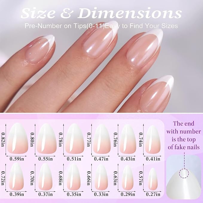 French Tip Press On Nails,White Short Almond Reusable Stick On Nails | French Tip UV Finish Short Almond Fake Nails, Salon Quality Semi-Transparent Nails in 12 Sizes - 24 Nail Kit with Glue