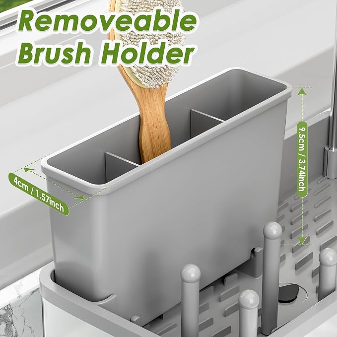 Ewaiira Stainless Steel Sink Caddy, Sponge Holder for Kitchen Sink 9.8″ | with Brush Holder Dishcloth Rack, Rustproof Sink Organizer Countertop, Soap Kitchen Organizers Storage Essentials, Gray