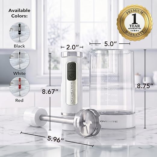 OVENTE Cordless Hand Blender, Rechargeable with 8 Mixing Speed White HR781W | 200 Watts Handheld Portable Stick Mixer, One-Touch Control and Stainless Steel Blades for Smoothies, Shakes or Soups