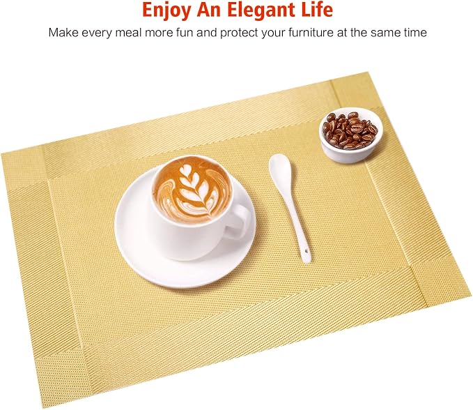 Gold Vinyl Placemats Set of 8,Washable Dining PVC Table Mats | Heat resistant, stain resistant non slip vinyl place mats, washable gold table placemats for dining table