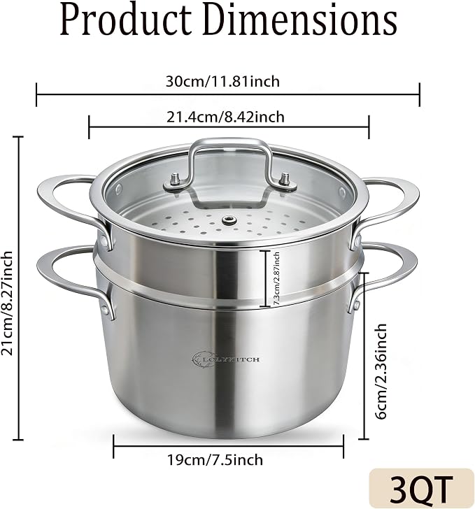 LOLYKITCH 3-Quart Tri-Ply Stainless Steel Steamer Pot with Glass Lid | Steaming Pot for Cooking | 2 Tier Induction Steamer Pot for Tamales Seafood Vegetables Dumplings | Stock Pot | Thick