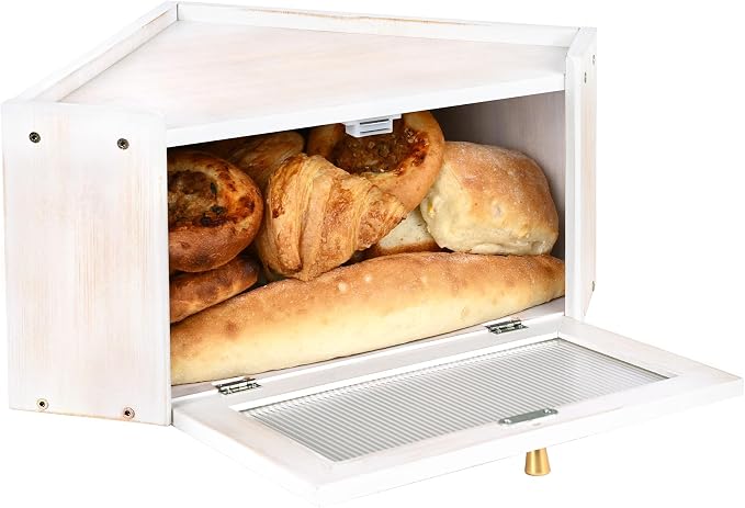 Bread Box for Kitchen Countertop with Acrylic Window White | Farmhouse Bread Storage Container, Large Pantry Organizers for Homemade Snacks, Loaves, Breathable Keeps Bread Fresh