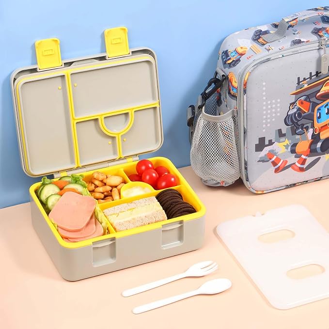 rockpapa Chill Bento Box for Kids- Large 5.5 Cups Lunch Box with Ice Pack - 5 Compartments, BPA-Free, Leak Proof, with Utensils & Portable Handle, Microwave/Dishwasher Safe (Grey Constr Trucks)